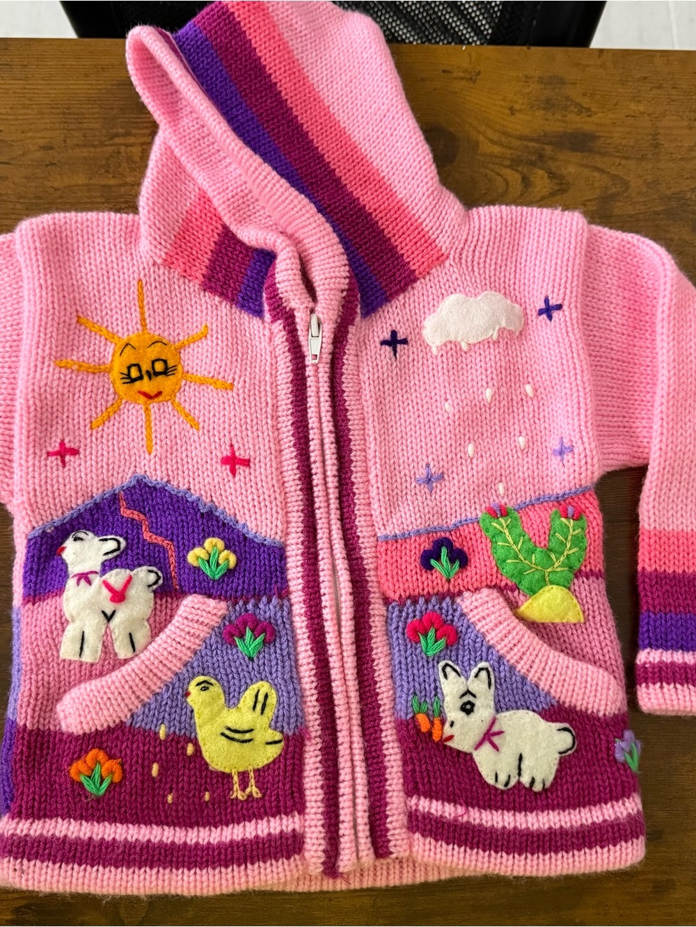 Pink Hooded Kids Knit Jacket with Animal Embroidery